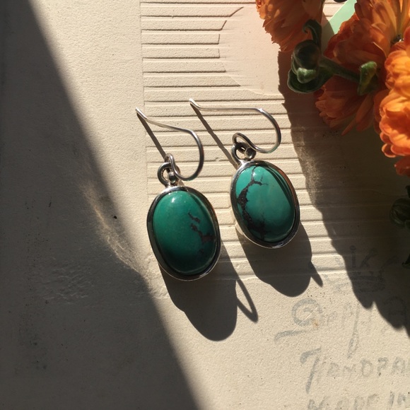 Genuine South American Turquoise Earrings - Natural Colour -925 Sterling Silver - Picture 1 of 8